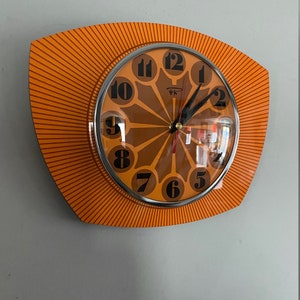 Formica Lucite Asymmetric Wall Clock from Royale 1970's Retro style in Tangerine Orange image 2