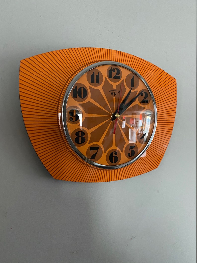 Formica Lucite Asymmetric Wall Clock from Royale 1970's Retro style in Tangerine Orange image 2