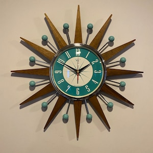 Small 19 inch Hand Made Mid Century style Starburst Sunburst Clock by Royale - Medium Teak Rays Turquoise Welby Dial & Turquoise Balls
