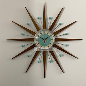 Royale Starburst Wall Clock Mid Century Modern style Chrome Frame Silent Medium Teak Rays Aquastone Mint Face & Atomic Balls British Made