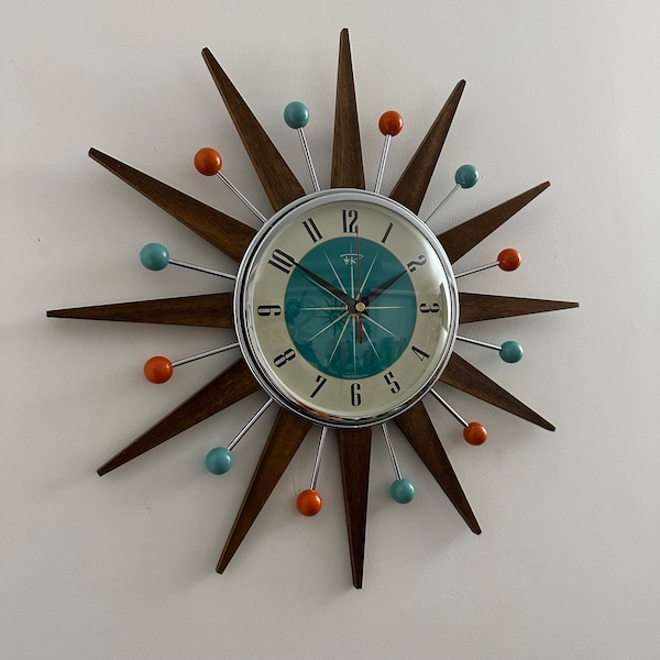 Handmade Mid Century Starburst Clock: 17" Turquoise Teak Wood Wall Decor