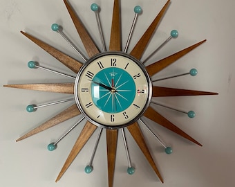 21 inch Hand Made Mid Century style Starburst Sunburst Clock by Royale - Welby style Medium Teak Rays & with Turquoise Dial