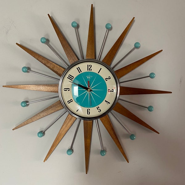 21 inch Hand Made Mid Century style Starburst Sunburst Clock by Royale - Welby style Medium Teak Rays & with Turquoise Dial