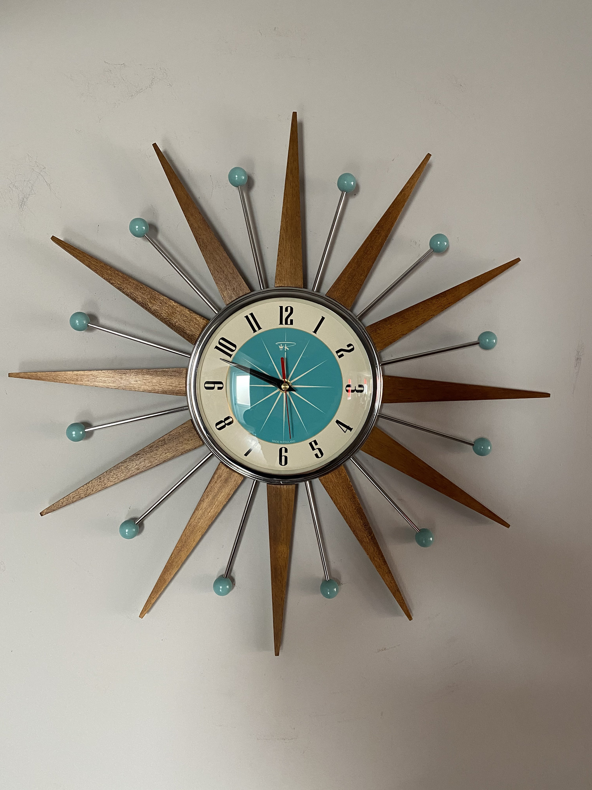 Handmade Mid Century Starburst Wall Clock, Turquoise Atomic