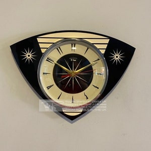 Colour Etched Trianguloid Lucite Formica Caravan Wall Clock from Royale - Midcentury Atomic Jetsons Retro style in Black & Cream