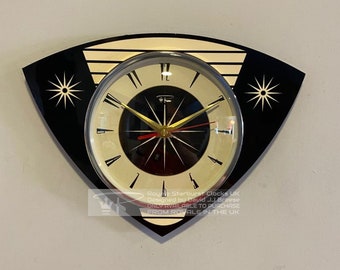 Colour Etched Trianguloid Lucite Formica Caravan Wall Clock from Royale - Midcentury Atomic Jetsons Retro style in Black & Cream