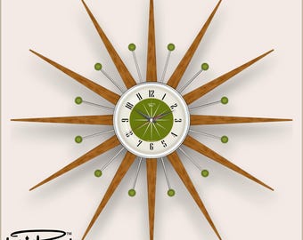 May include: A 27-inch starburst wall clock featuring long wooden spikes and thin metal rods tipped with green spheres. The central clock face has a white outer ring with black numerals and a green center with white radial lines.