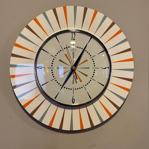 Large Formica Kitchen Wall Clock by Royale - Midcentury Retro style influenced by 1960's Pyrex Pattern with Orange