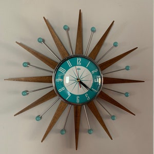 21 inch Hand Made Mid Century style Starburst Sunburst Clock by Royale - Medium Teak Rays Turquoise 1950's Dial & Balls