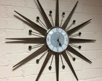 27 inch Hand Made Mid Century style Starburst Sunburst Clock by Royale Welby style in Dove Grey