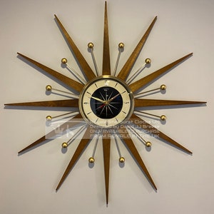 Handmade Mid Century Starburst Clock: Teakwood Rays, Goldtone Accents (27 inch)