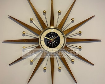 Handmade Mid Century Starburst Clock: Teakwood Rays, Goldtone Accents (27 inch)