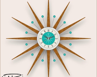 May include: A 27-inch starburst wall clock featuring long wooden spikes and thin metal arms tipped with turquoise spheres. The central clock face has a white outer ring with black numerals and a turquoise center with white radial lines.