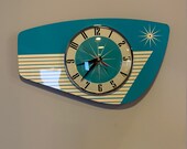 Handmade Formica Wall Clock in Turquoise from Royale - Midcentury French Atomic Retro style with Starburst Formica Design