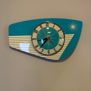 Handmade Formica Wall Clock in Turquoise from Royale - Midcentury French Atomic Retro style with Starburst Formica Design