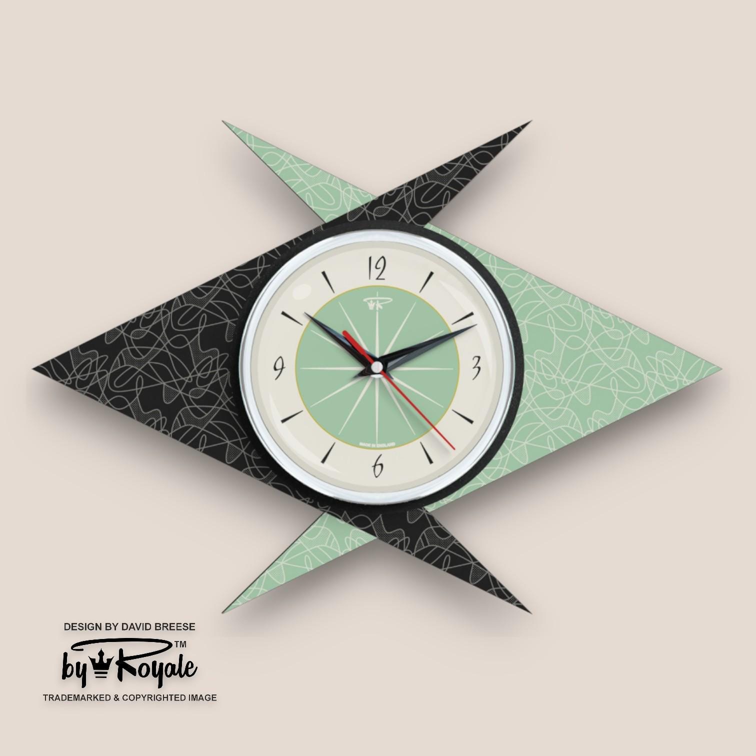 Atomic Double Boomerang Wall Clock: Mid-century Modern Black