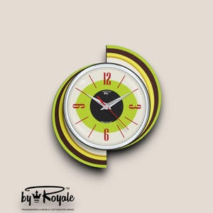 Mid Century Modern 1950s Atomic Wall Clock for Vintage Home Office Decor Retro Space Age in Royalexe Laminate - The Meteor Eye in Chartreuse