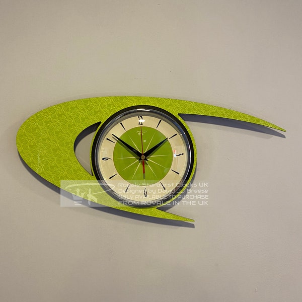 Colour Etched Lucite Formica Wall Clock from Royale - Midcentury Atomic Boomerang Retro style in Smeg Chartreuse Apple Green