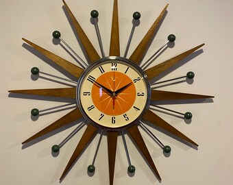 DesignQ 'Retro Minimal Patttern in Blue and Orange' Mid-Century Modern Wood Wall Clock DesignQ 'Retro Minimal Patttern in Blue and Orange' Mid-Century Modern Wood Wall Clock