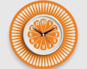 Handmade Orange Formica Sunburst Wall Clock: 1970s Style