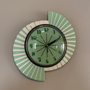 Colour Etched Royalexe Wall Clock from Royale - Midcentury Seventies Split Atom Retro style in Smeg Fire King Jadeite & White