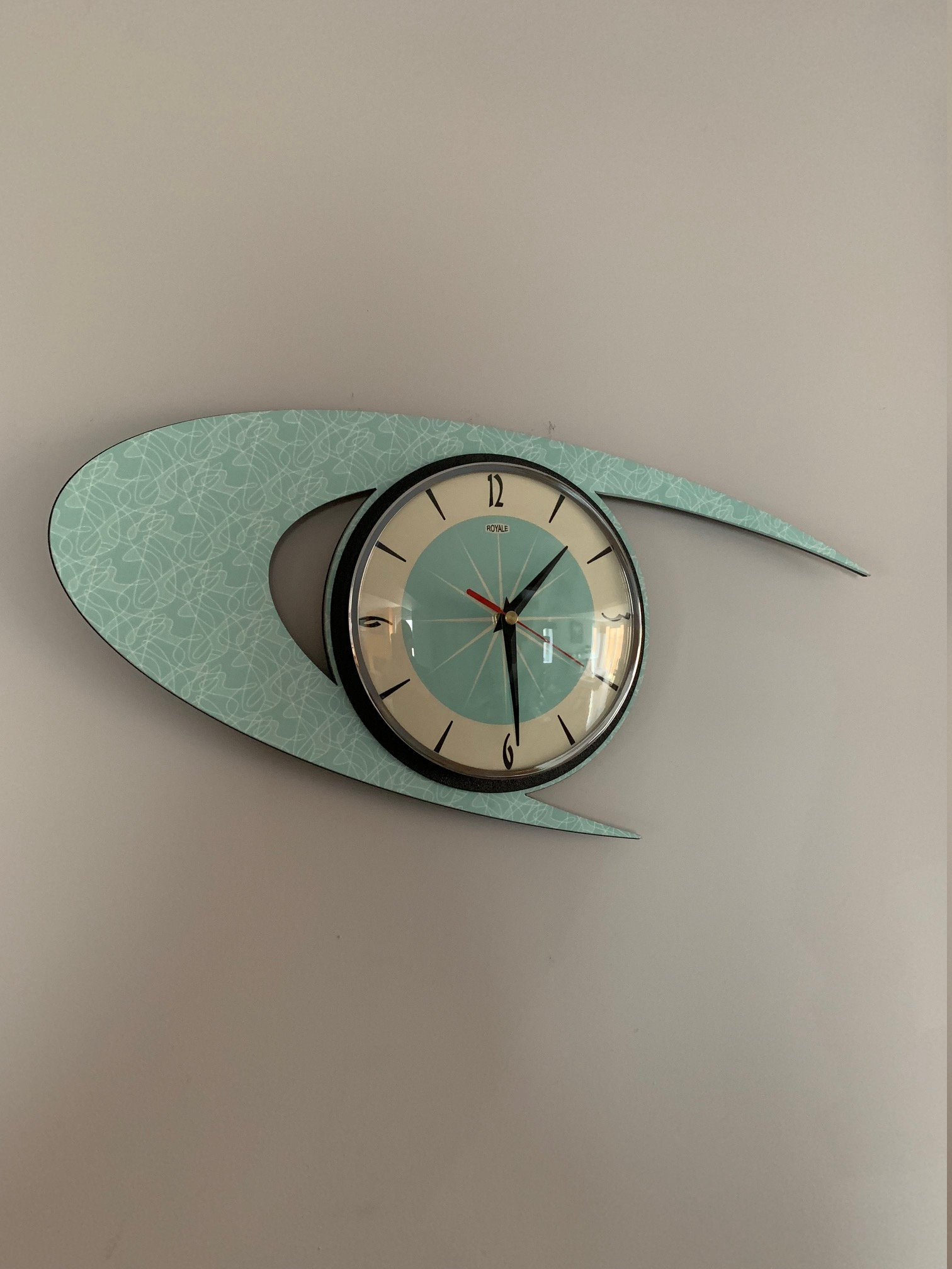 Atomic Boomerang Wall Clock: Mid-century Modern Mint Green Decor