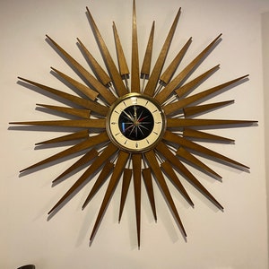 Large 30 inch Hand Made Mid Century Seth Thomas style Starburst Clock by Royale with Black & Cream 1950's dial.