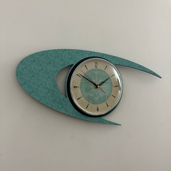 Large Royalexe Laminate Wall Clock from Royale - Midcentury Atomic Boomerang Retro style in Aquastone Mint with 1950's starburst design face