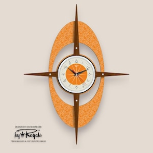 Mid Century Gambit Starburst Clock: 27" Oval Orange Royalexe, Teak Rays, 12 Colours