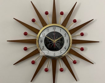 19 inch Hand Made Mid Century style Starburst Clock by Royale Welby style Medium Waxed Rays Red Atomic Balls 1950's Black White Face