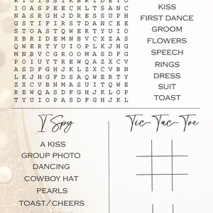 Op de afbeelding: Een activiteitenvellen met een bruiloftthema met een woordzoeker, Ik zie en boter-kaas-en-eieren-spellen. De woordzoeker bevat bruiloftgerelateerde woorden zoals "bruid" en "bruidegom". Het vel heeft een crèmekleurige achtergrond met gouden accenten.