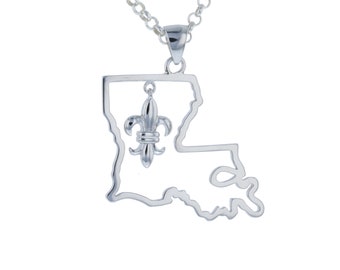 Louisiana, State, Silhouette, Fleur De Lis, Dangle, Cutout, New Orleans, Gift, Necklace, Charm, Pendant, Sterling Silver, .925