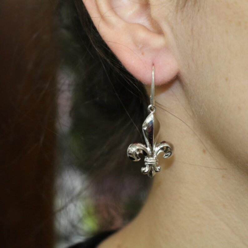 Large Dangle Fleur De Lis Earrings Sterling Silver 925 Hand Made In New Orleans Louisiana French Royalty Symbol Tarnish-Free