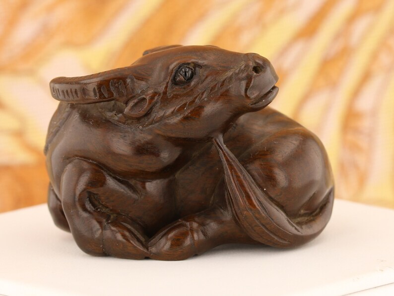 Antique Japanese netsuke ox sitting. carved ironwood Vintage Etsy