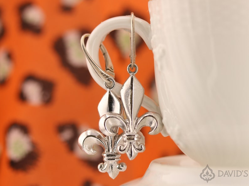 Large Dangle Fleur De Lis Earrings Sterling Silver 925 Hand Made In New Orleans Louisiana French Royalty Symbol Tarnish-Free