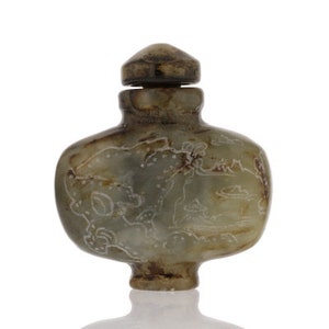Antique Jade Snuff bottle, vintage, carved, snuff box, Chinese, tiny bottle, Green jade, Chinese writing, fishing scene, map, snuff