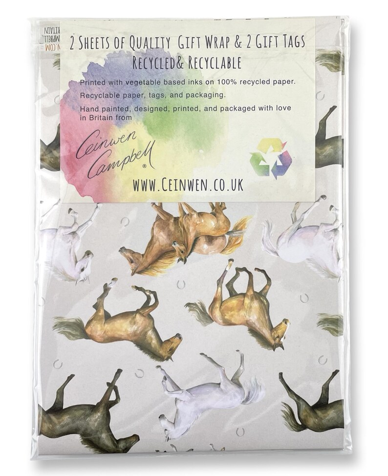 Horse art quality recycled and recyclable gift wrapping set In cornstarch packaging