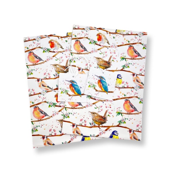 Garden birds in cherry blossom  gift wrapping - 2 sheets and 2 tags - gift wrap for bird lover - recyclable birthday gift wrapping -made UK