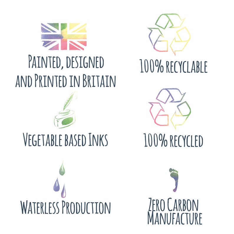May include: White background with watercolor illustrations and text. Includes a Union Jack flag, recycling symbols, and text stating "Painted, Designed and Printed in Britain", "Vegetable Based Inks", and "Waterless Production".