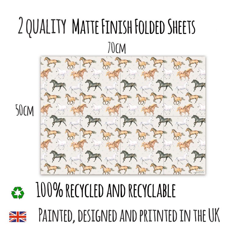 May include: Two folded sheets with a matte finish, featuring a repeating pattern of horses in various colors. The sheets measure 20 inches by 28 inches. The text reads "100% Recycled and Recyclable" and "Painted, Designed and Printed in the UK."