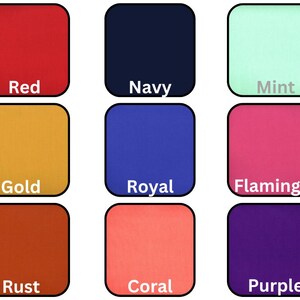 May include: Nine color swatches in a grid, showing different shades of red, navy, mint, gold, royal blue, flamingo pink, rust, coral, and purple.