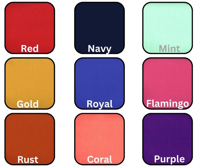 May include: Nine color swatches in a grid, showing different shades of red, navy, mint, gold, royal blue, flamingo pink, rust, coral, and purple.