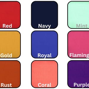Pode incluir: Nove amostras de cores, cada uma com uma cor diferente e um r&oacute;tulo embaixo. As cores s&atilde;o vermelho, azul marinho, menta, dourado, azul royal, rosa flamingo, ferrugem, coral e roxo.