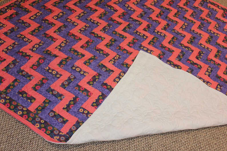 King Size Quilt Purple & Coral Quilt Rail Fence Quilt Ready Etsy
