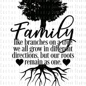 May include: Black and white graphic of a tree with roots and branches. The text "Family" is written above the tree and the text "like branches on a tree we all grow in different directions, but our roots remain as one." is written below the tree. Two hearts are included in the text.