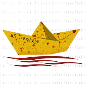 Puede incluir: Un barco de papel amarillo con salpicaduras de sangre roja y las palabras "SS Georgie" escritas en él. El barco flota sobre líneas onduladas rojas.