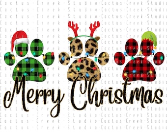 Merry Christmas Paw Prints | PNG File | Digital Download | Sublimation | Animal | Pet | Lights | Santa | Hat | Buffalo Plaid | Reindeer