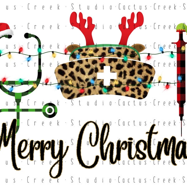 Merry Christmas Nurse | PNG File | Digital Download | Sublimation | Stethoscope | Syringe | Hat | Lights | Buffalo Plaid | Animal Print