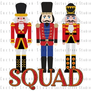 May include: Three toy nutcracker soldiers stand in a row with the word "SQUAD" in red glitter letters below them. The nutcrackers are wearing red and blue uniforms with gold accents.