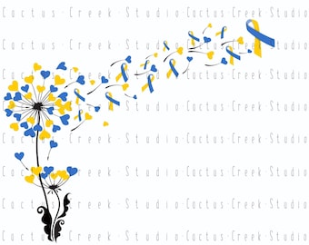 May include: A dandelion with blue and yellow hearts blowing in the wind. The hearts are tied with blue and yellow ribbons. The dandelion is black and has a stem.